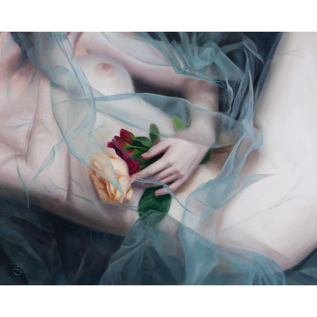Whisper by Tina Spratt | Oil on panel Nude figure with roses and sheer fabric. For Sale
