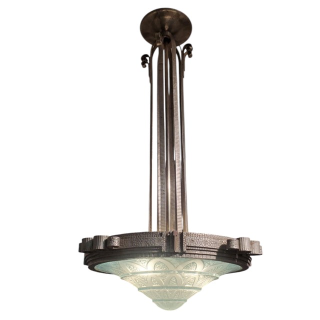 Teal Early 20th Century Teal Blue French Art Deco Art Glass and Iron Mounted Pendant For Sale - Image 8 of 12