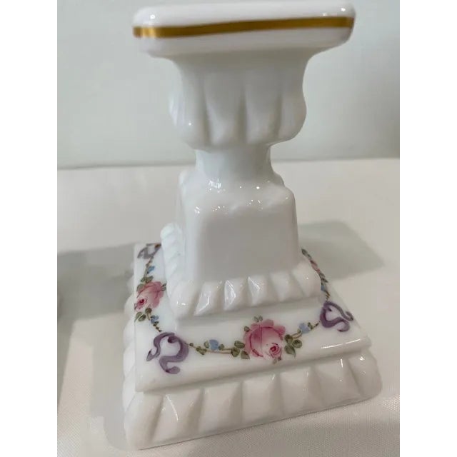 Shabby Chic Westmoreland Milk Glass Hand Painted Roses and Bows Candlesticks - a Pair For Sale - Image 3 of 8
