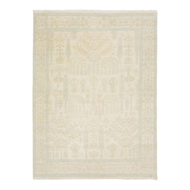 Modern Oushak Style Hand-Knotted Wool Area Rug – Pale Ivory & Soft Sage 9x12 For Sale