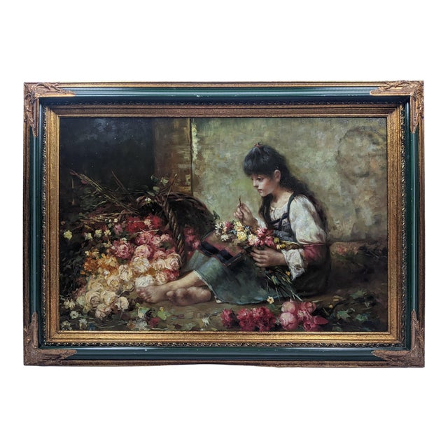 Late 19th Century Attributed Sophie-Vera Bovet Large Vivid Floral Figurative Oil Painting, Green & Gold Gilt Frame For Sale