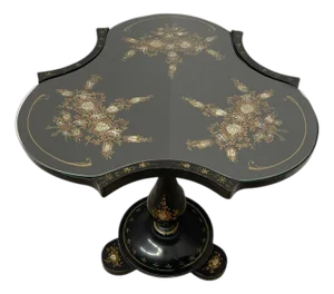 Early 20th Century Victorian Style Black Pedestal Table With Floral Hand-Painted Decoration and Inlays