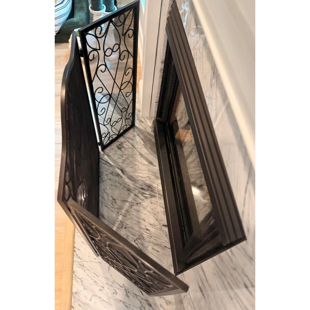 Large Wrought Iron Three-Panel Trifold Fireplace Screen With Scrollwork & Twisted Rope Border For Sale In Charleston - Image 6 of 8