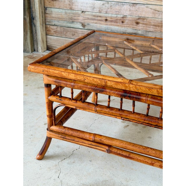 English Vintage Brighton Pavilion Scorched Bamboo Coffee Table With Glass Top For Sale - Image 3 of 12