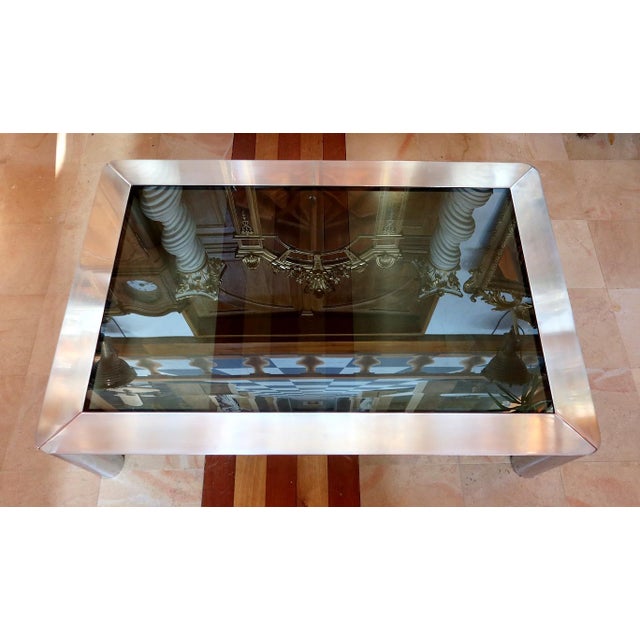 Large coffee table by Italian designer Sergio Mazza for Cinova, with chrome metal structure and gray smoked glass. This...