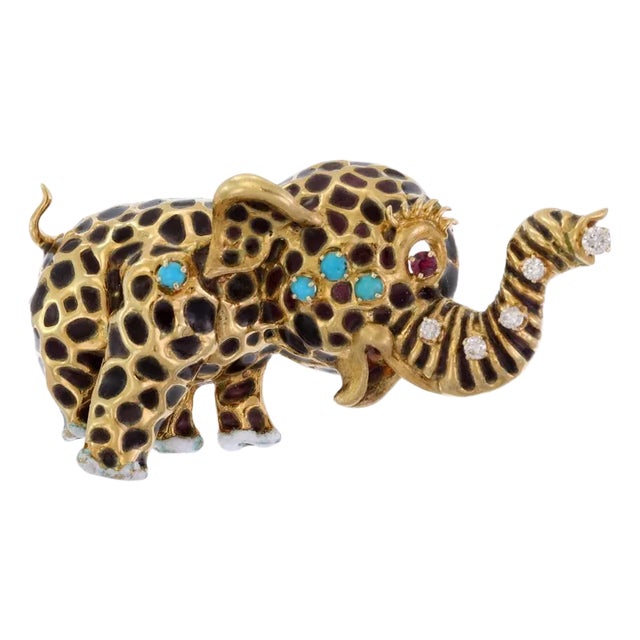 3D Baby Elephant Brooch Estate Diamond Gems Enamel 18k Gold 41g Adorable For Sale