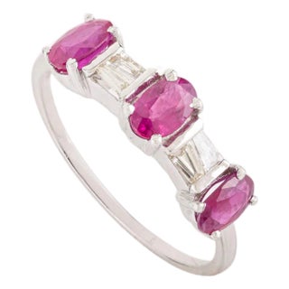 14k White Gold Statement Oval Ruby and Baguette Diamond Three Stone Ring Size 5.5 For Sale