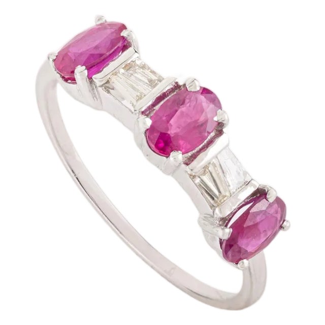 14k White Gold Statement Oval Ruby and Baguette Diamond Three Stone Ring Size 5.5 For Sale