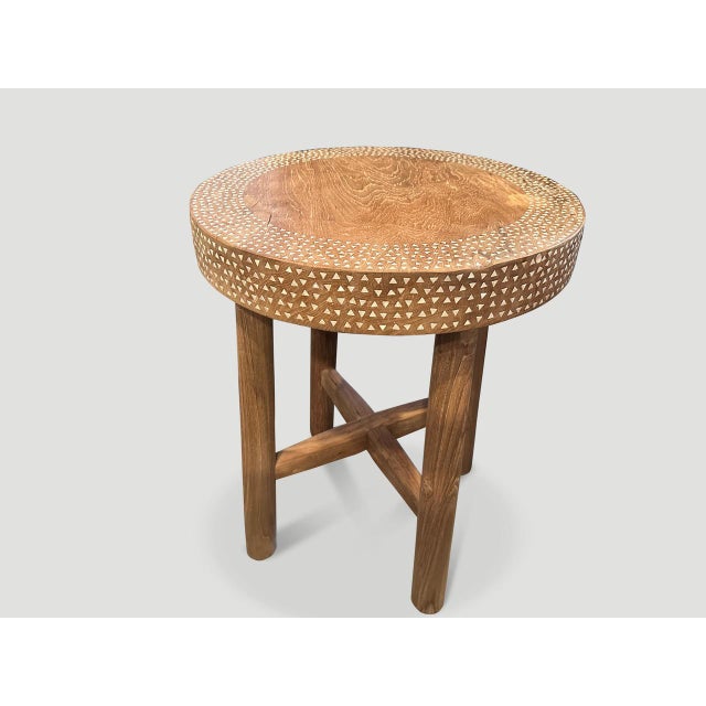 Andrianna Shamaris Minimalist Shell Inlaid Teak Round Side Table or Pedestal For Sale - Image 4 of 5
