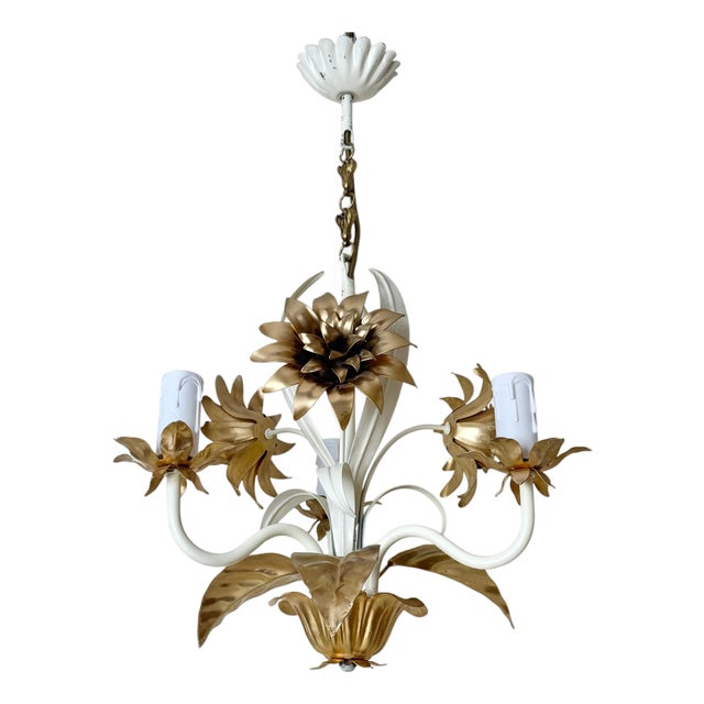 Hollywood Regency Cream and Gilt 3-Arm Chandelier with Floral Details, 1970 For Sale