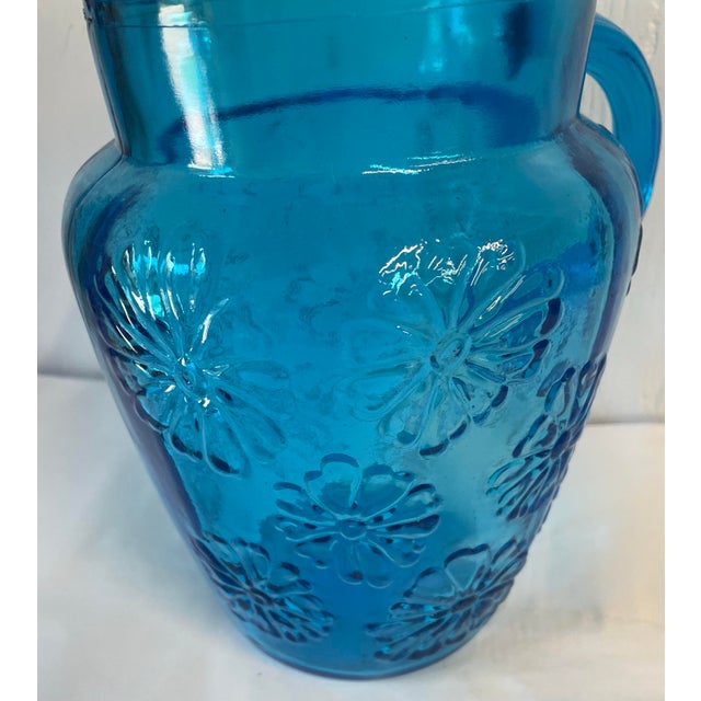 Mid 20th Century Vintage Blue Anchor Hocking Spring Song Embossed Daisy Pitcher For Sale - Image 5 of 6