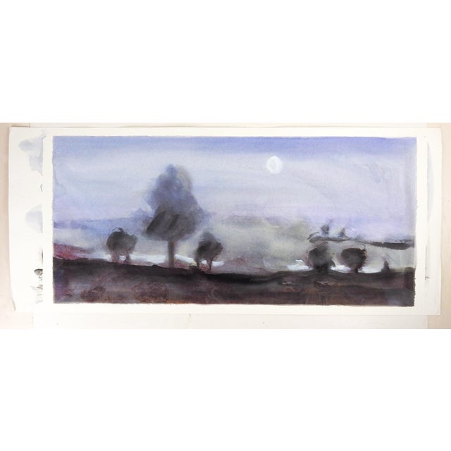 Late 20th century watercolor on paper painting of misty full moon evening landscape painting. Unsigned. Unframed, image...