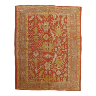 Antique Oushak Carpet, Oriental Rug, Handmade Rug Saffron, Light Blue and Coral For Sale