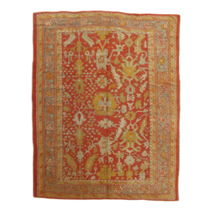 Antique Oushak Carpet, Oriental Rug, Handmade Rug Saffron, Light Blue and Coral
