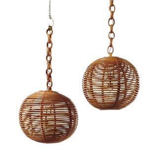 Vintage Cane and Rattan Globe Pendants, 1970s, Set of 2 For Sale