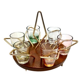 Vintage Colored Glasses with Teak Stand from Wyncraft, 1960s, Set of 7 For Sale