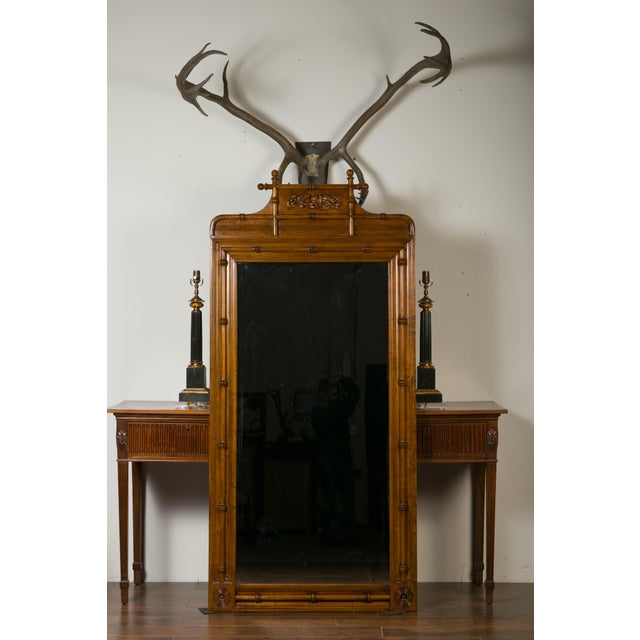 Large English Faux-Bamboo Walnut Mirror Made of 1900s Doors with Carved Ivy For Sale In Atlanta - Image 6 of 12