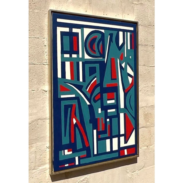 Abstract Vintage Boho Geometric Abstract Oil on Canvas For Sale - Image 3 of 6