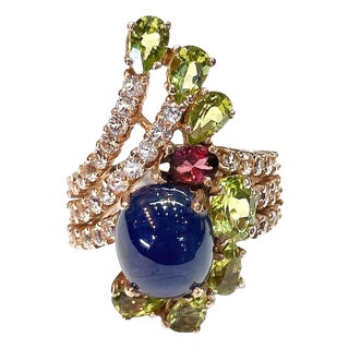 Bochic "Orient" Vintage Blue Sapphire&Multi Gem Cocktail Ring 18K Gold & Silver For Sale