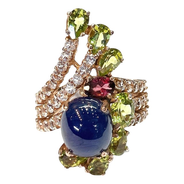 Bochic "Orient" Vintage Blue Sapphire&Multi Gem Cocktail Ring 18K Gold & Silver For Sale