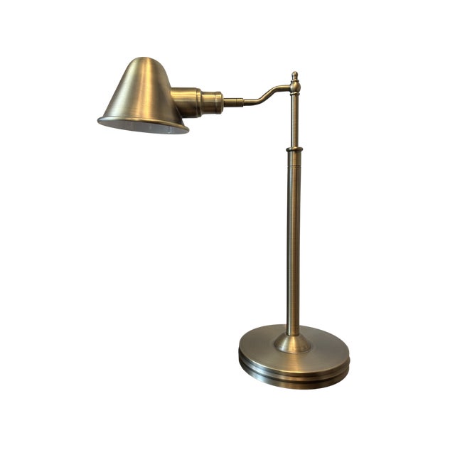 Modern Ralph Lauren Home Adjustable Brass Desk Lamp – Antique Brass Finish, Classic Bell Shade, Luxury Office Lighting For Sale - Image 3 of 10