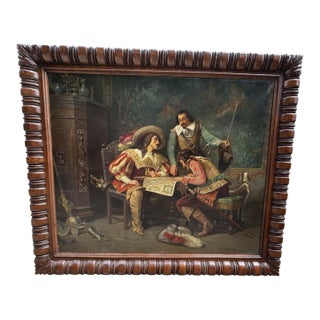 Large Antique European Cavalier Interior Scene Oil Painting in Carved Wood Frame For Sale