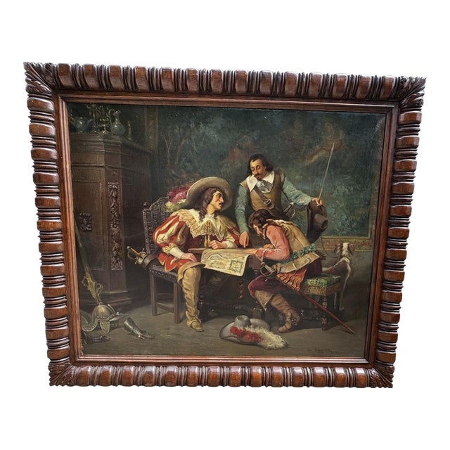 Large Antique European Cavalier Interior Scene Oil Painting in Carved Wood Frame For Sale