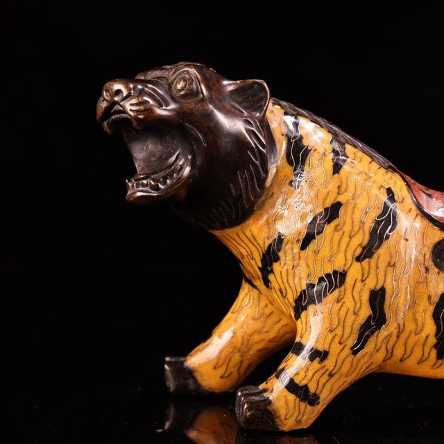 Vintage Cloisonne Enamel Tiger Figure – 12.2" Gilt Striped Beast Sculpture For Sale - Image 9 of 10