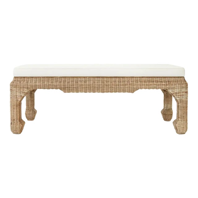 Matthew Izzo Home - Massey Upholstered Ivory Linen and Rattan Ming Style Bench For Sale