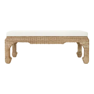 Matthew Izzo Home - Massey Upholstered Ivory Linen and Rattan Ming Style Bench