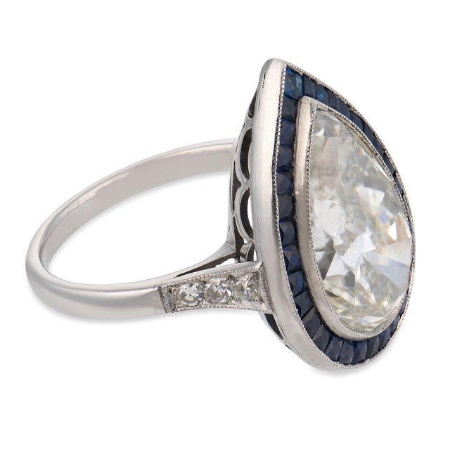 Gia 6.10 Carat Pear Shape Diamond Sapphire Platinum Engagement Ring, Size 6.75 For Sale - Image 4 of 8