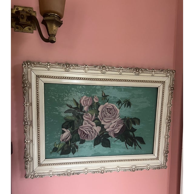 Paint Antique Hand-Painted on Glass Pink Roses-Ornate Gesso Frame For Sale - Image 7 of 9