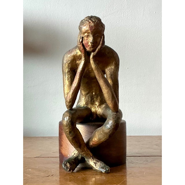 Wood Vintage Boho 1957 Signed Sculpture of Man For Sale - Image 7 of 8