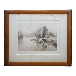 Antique William De La Montagne Cary Signed Bulls Cows Riverscape Etching 31" For Sale