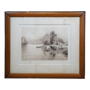 Antique William De La Montagne Cary Signed Bulls Cows Riverscape Etching 31"