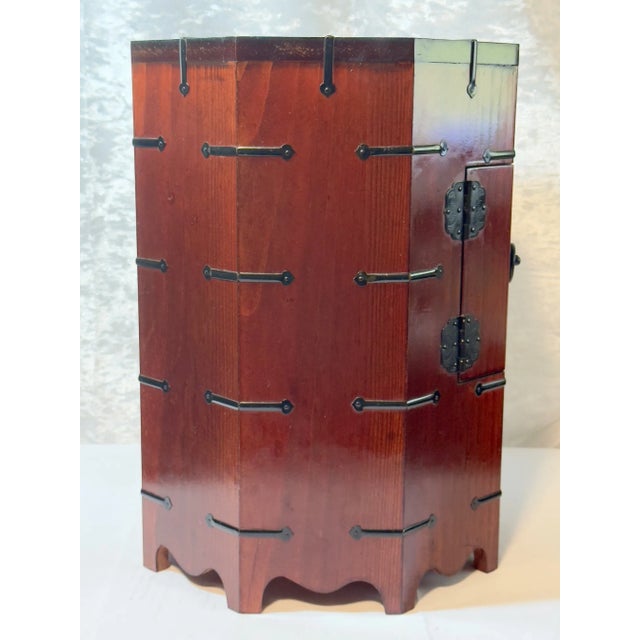 Vintage Korean Octagonal Wooden Cabinet With Merlot Finish, Black Hardware & Lock For Sale - Image 11 of 18