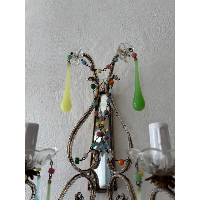 Green Italian Rainbow Pastel Multicolored Confetti Opaline Sconces Beaded Mirror C1920 For Sale - Image 8 of 10