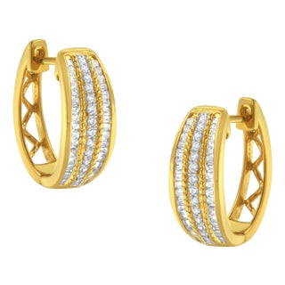 10K Yellow Gold 3/4 Cttw Pave and Channel Set Diamond Triple Row Modern Hoop Earrings (I-J Color, I2-I3 Clarity) For Sale