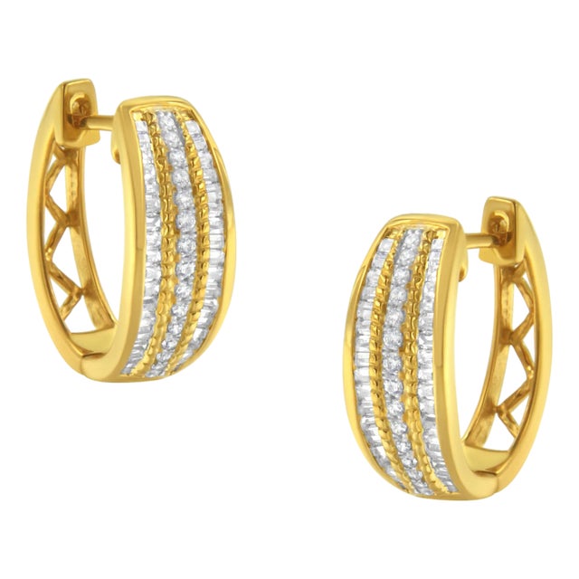 10K Yellow Gold 3/4 Cttw Pave and Channel Set Diamond Triple Row Modern Hoop Earrings (I-J Color, I2-I3 Clarity) For Sale