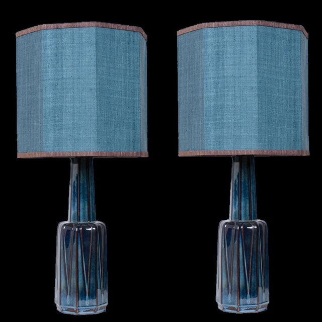 1 of the 2 ceramic large table lamps by soholm, denmark, 1960s. This high-end sculptural piece is handmade ceramic in blue...
