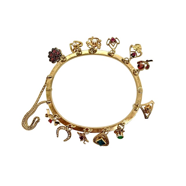 Victorian Gold Charm Bangle Bracelet With Gemstone Stickpin Charms – 19th Century For Sale - Image 4 of 5
