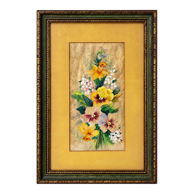 Signed E. Barton Spring Floral Artwork With Pansies and Daffodils in Green and Gold Frame For Sale