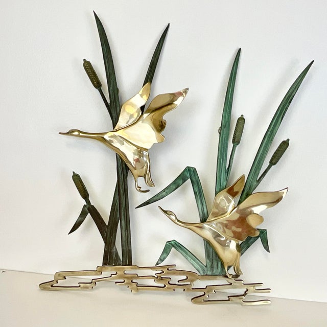Verdigris 1970s Vintage Arts & Crafts Boho Chic Brass Ducks With Verdigris Bronze Cat Tails Wall Sculptural Object. For Sale - Image 8 of 10