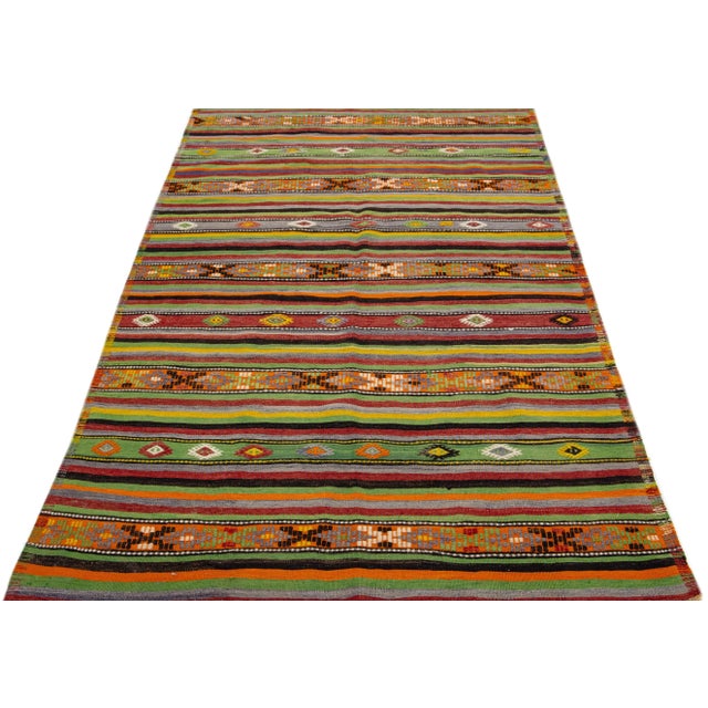 Turkish 1960s Vintage Kilim Handmade Multicolor Stripe Wool Rug For Sale - Image 3 of 7