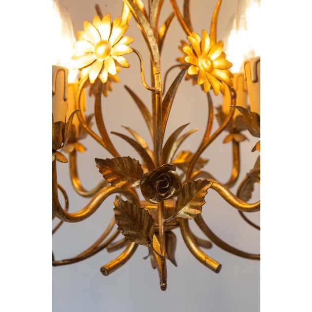 Metal Italian Chandelier in Gilded Metal with Leaves and Flowers, 1970s For Sale - Image 7 of 8