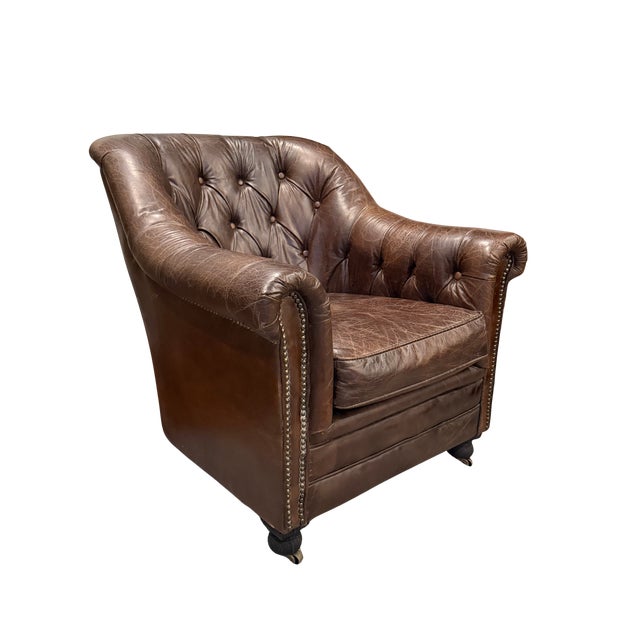 2010s Restoration Hardware Distressed Leather Club Chair – Tufted English Library Lounge Chair With Rolled Arms & Brass Casters For Sale - Image 5 of 17