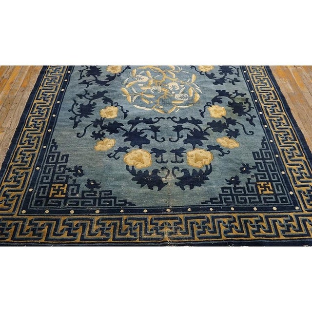 Antique 1880s Blue Classic Greek Key Chinese Peking Knotted Wool Small Rug For Sale - Image 9 of 9