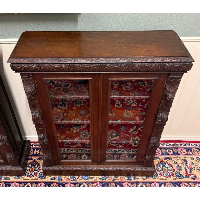 Brown Antique French Pair of Renaissance Carved Bookcases Display Cabinets Oak c.1900 For Sale - Image 8 of 18