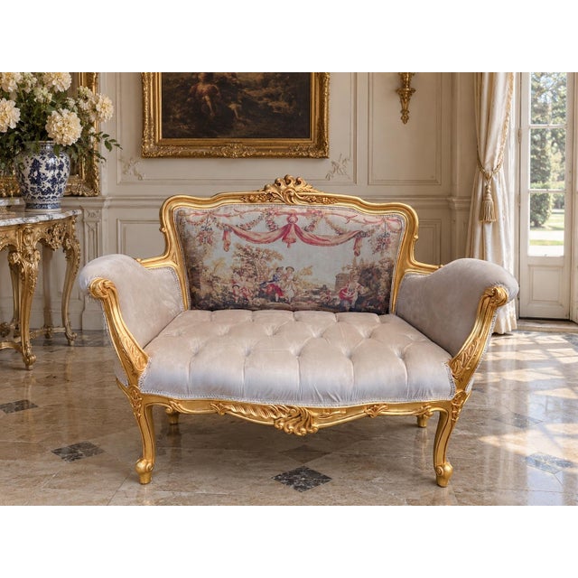 Late20C French Artisan LouisXVI Gold Beige Velvet Settee-1Pc For Sale - Image 15 of 15
