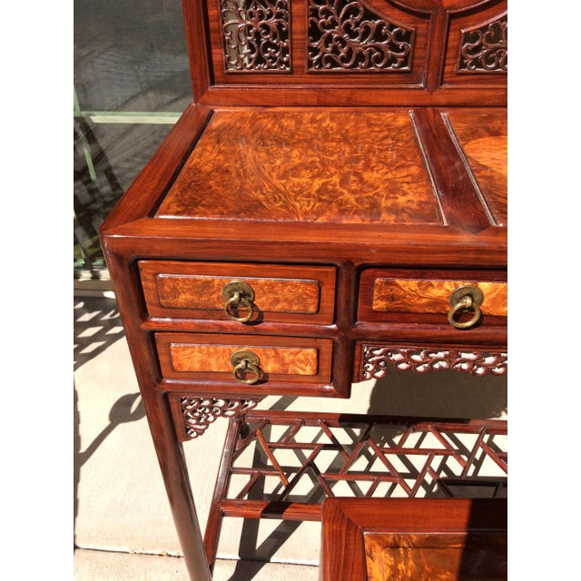 Wood 20th Century Chinese Burl Wood and Blackwood Dressing Table with Stool - 2 Pieces For Sale - Image 7 of 12